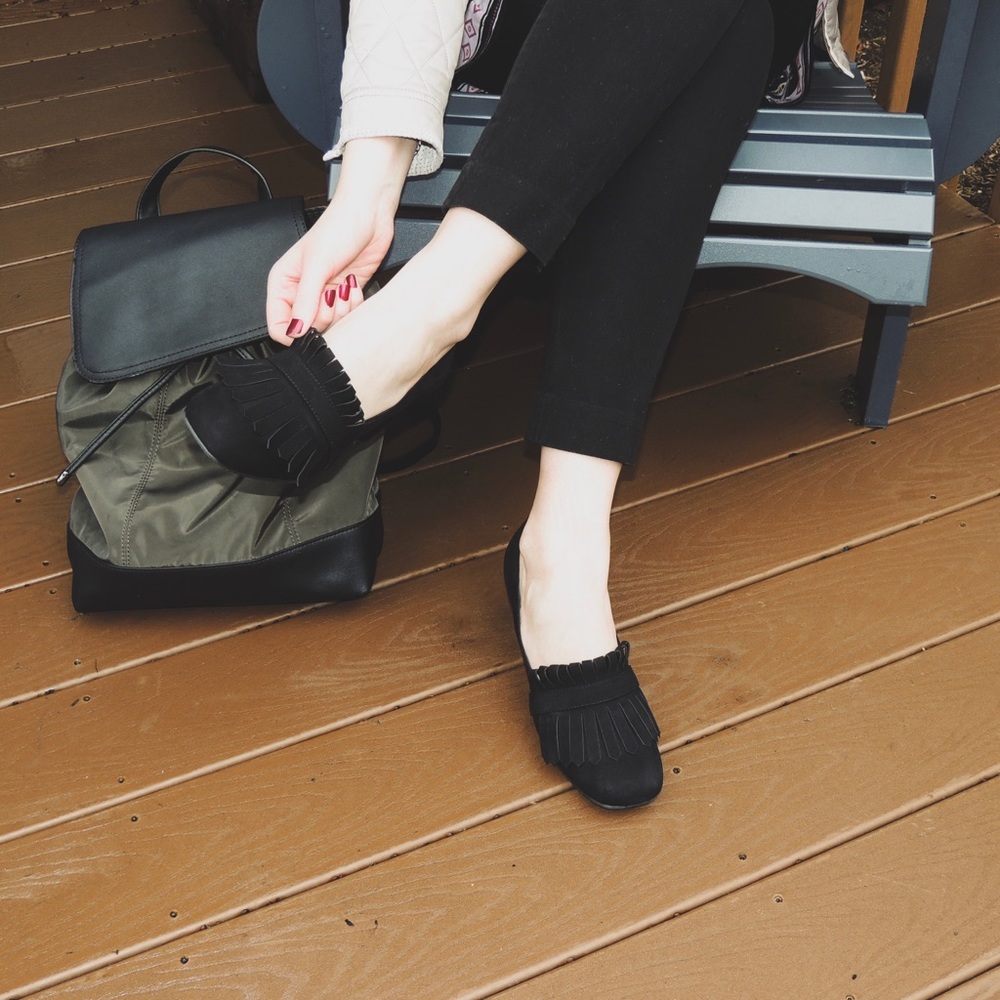 Black Fringe Heeled Loafers